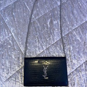 Saint Laurent Cassandre chain wallet purse  in crocodile shiny leather